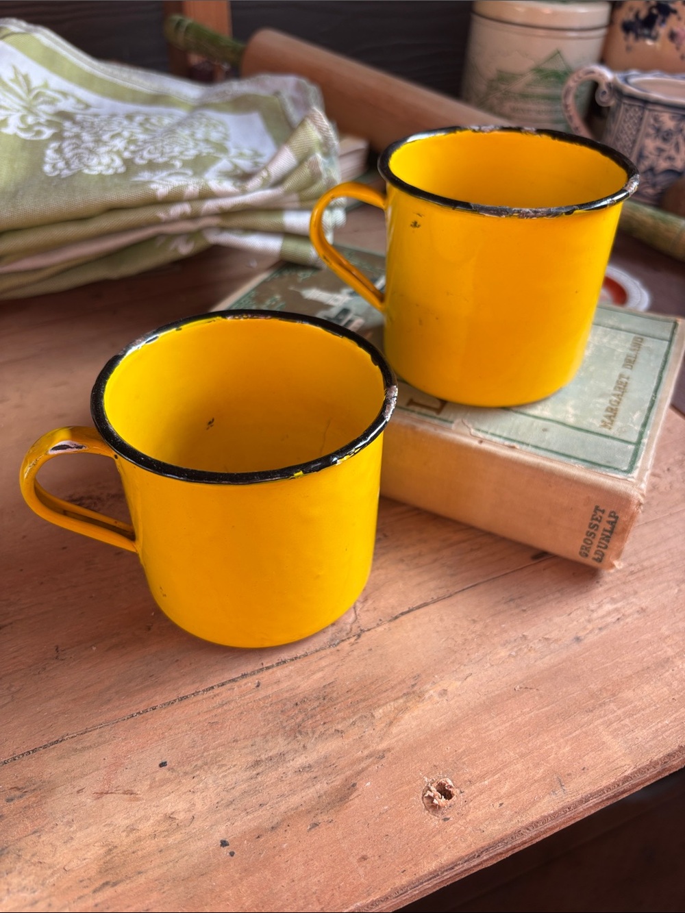 Vintage Bright Yellow Enamel Coffee Mugs – Set of 2